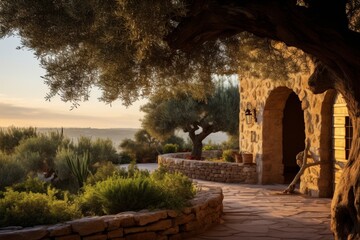A Tranquil Afternoon at a Traditional Hillside Olive Grove Estate Overlooking the Mediterranean Sea with a Rustic Stone Villa