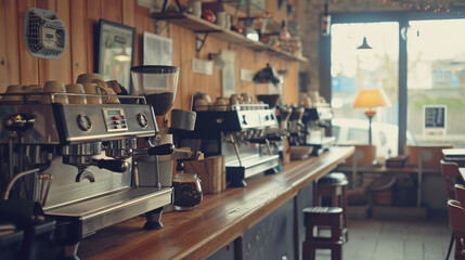 A vintage cafe with a line of espresso machines.