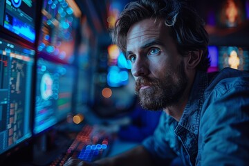 Fototapeta premium A pensive man with a beard studying multiple screens in a neon-lit high-tech workspace filled with digital data