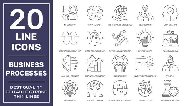 Set of 20 line icons for business processes. Editable Stroke. EPS 10