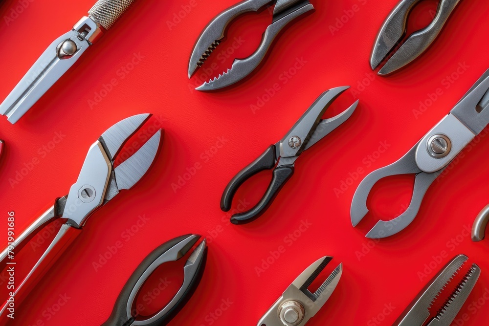 Poster various types of pliers on red surface
