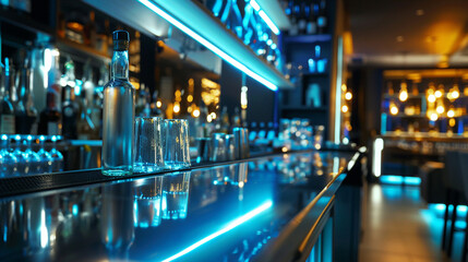Bartender counter with bottles and glasses in night club, closeup. AI.