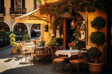 Fototapeta na wymiar A charming Italian pizzeria with outdoor seating on a sunny day, surrounded by lush greenery and vintage cobblestone streets