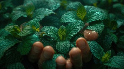 Close up of a woman's hand holding a fresh mint plant.
