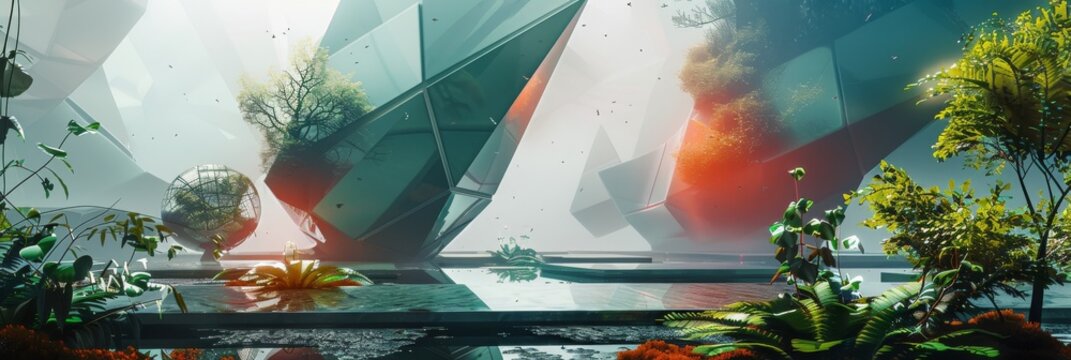 Surreal Dreamscape: Abstract Fusion of Nature and Geometric Forms
