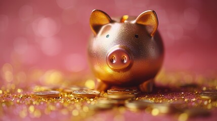 Golden piggy bank with gold coins on bokeh background.