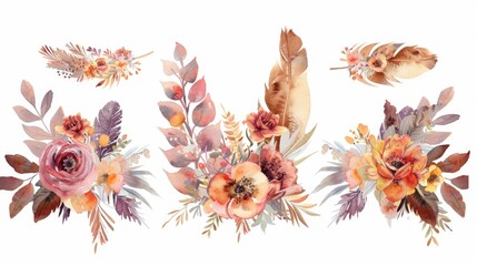 Watercolor Flowers and Feathers Set