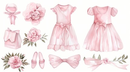 Pink Dresses and Accessories Watercolor Illustrations