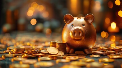 Golden piggy bank with gold coins on bokeh background.