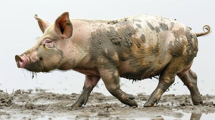 Pig in muddy mud on a farm, closeup on a white background