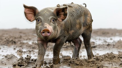 Pig in muddy mud on a farm, closeup