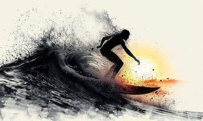 Surfer on the wave at sunset. Digital watercolor painting.