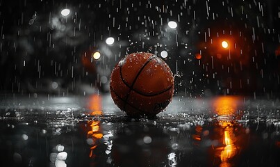 Basketball ball in rain at night. Close up view of basketball ball with drops of water on wet asphalt.