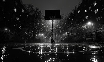 Basketball hoop in the rain at night.  - obrazy, fototapety, plakaty
