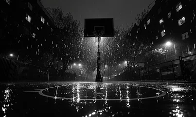 Fotobehang Basketball hoop in the rain at night.  © taraskobryn