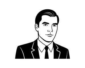 Retro Pomade Hairstyle Man Black Silhouette. Suit Fashion Illustration. Man in tie. Ink black and white drawing