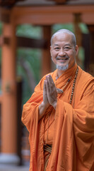 A photo of an Asian monk in orange robes