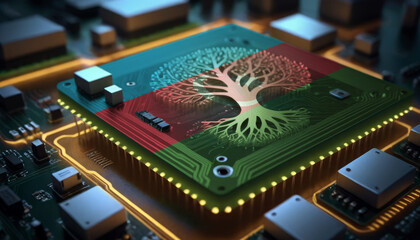 Fototapeta na wymiar The Azerbaijan flag depicted on a microchip integrated within an electronic board. Symbolizes technological progress and the creation of specialized chips to meet industrial demands