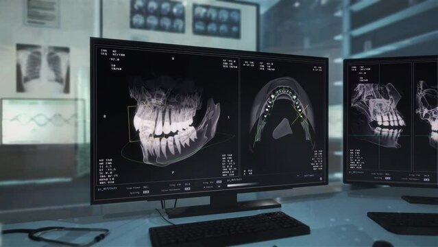 Medical examination of patients tooth inside the injured jaw at healthcare lab. Medical exam system inspects the tooth. Diagnostic tech detecting tooth disease during medical examination.