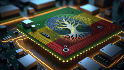 The Ethiopia flag depicted on a microchip integrated within an electronic board. Symbolizes technological progress and the creation of specialized chips to meet industrial demands