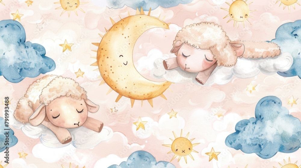 Poster sheep sleeping on cloud with moon