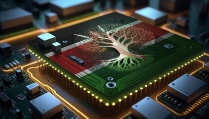 The Kenya flag depicted on a microchip integrated within an electronic board. Symbolizes technological progress and the creation of specialized chips to meet industrial demands
