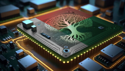 The Madagascar flag depicted on a microchip integrated within an electronic board. Symbolizes technological progress and the creation of specialized chips to meet industrial demands - obrazy, fototapety, plakaty
