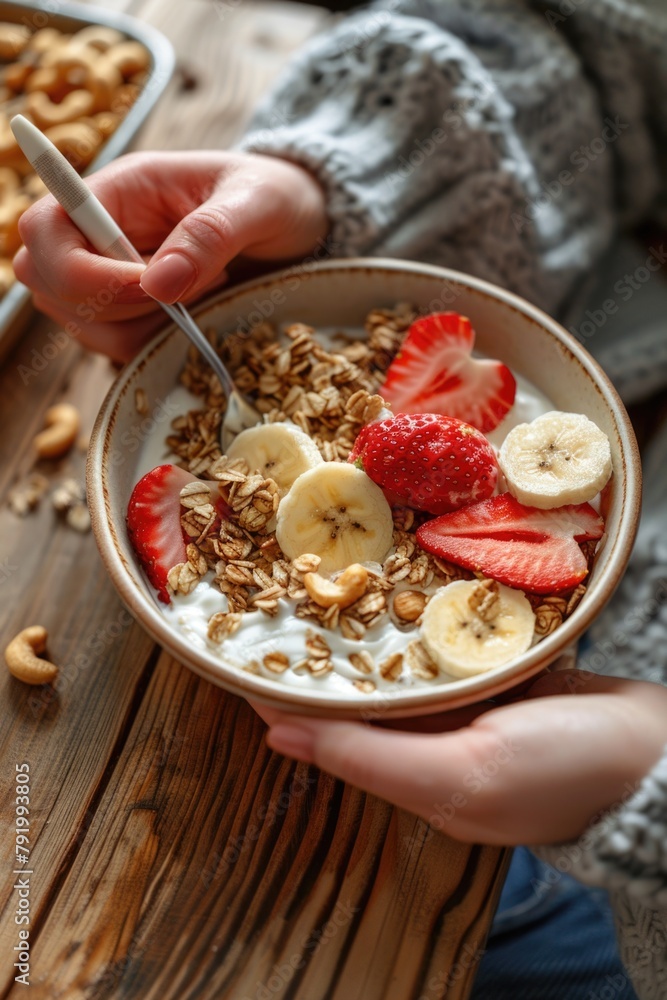 Wall mural Person holding bowl of cereal with strawberries and bananas