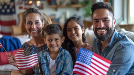 Smiling family with two children waving American flags. Warm indoor setting with festive decorations.