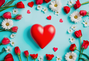 Red heart symbol, surrounded by small confetti red hearts, red roses and white daisy flowers on a turquoise blue background. Beautiful romantic love wallpaper for Valentine's Day.