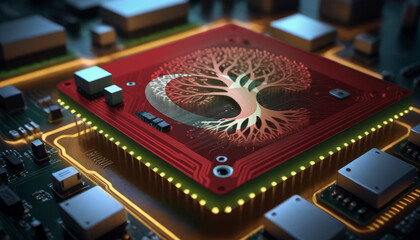 The Turkey flag depicted on a microchip integrated within an electronic board. Symbolizes technological progress and the creation of specialized chips to meet industrial demands