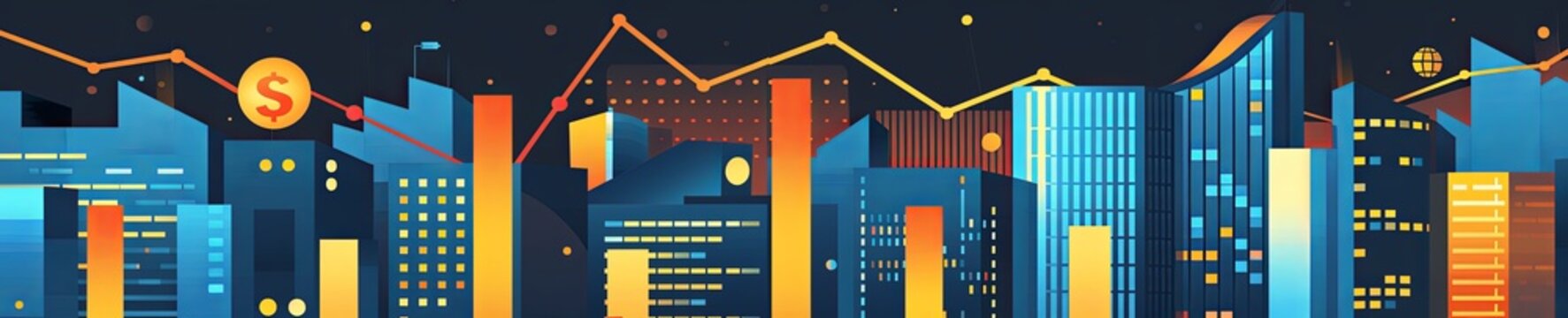 Night cityscape with glowing financial graphs and dollar symbol. Vector illustration for economic trends, stock market and financial planning.