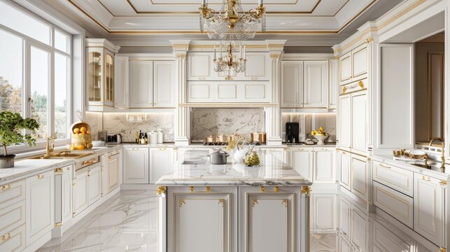 a luxury kitchen adorned with white cabinets, a marble island countertop, and a dazzling chandelier suspended above the sink, accentuated with tasteful gold accents, set against pristine white walls.