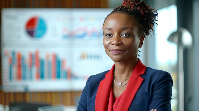 a middle-aged smiling african american female,  red blue suit,a digital financial chart in the background, copy space - Powered by Adobe