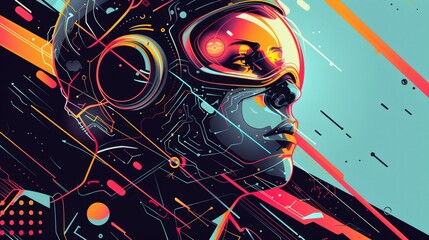 Astronaut with a futuristic helmet in abstract art style. Colorful digital painting for poster and banner design