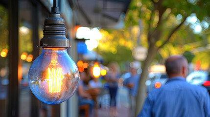 A man walks past a street light with a bulb that is lit up