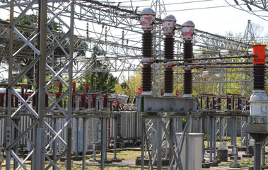 Inside a Substation with many circuit breakers busbars and isolators