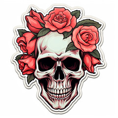 Fototapeta premium simple skull with roses sticker with white background сreated with Generative Ai