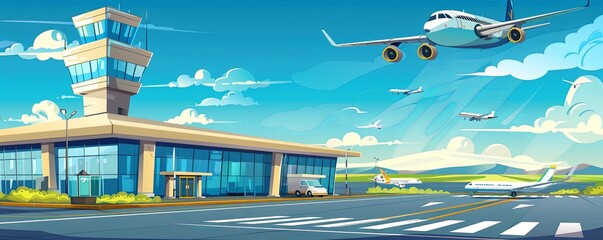 Airport control tower overseeing runway with multiple planes. Vibrant vector illustration of aviation operations - obrazy, fototapety, plakaty