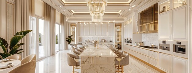 a luxury kitchen adorned with white cabinets, a marble island countertop, and a dazzling chandelier suspended above the sink, accentuated with tasteful gold accents, set against pristine white walls.