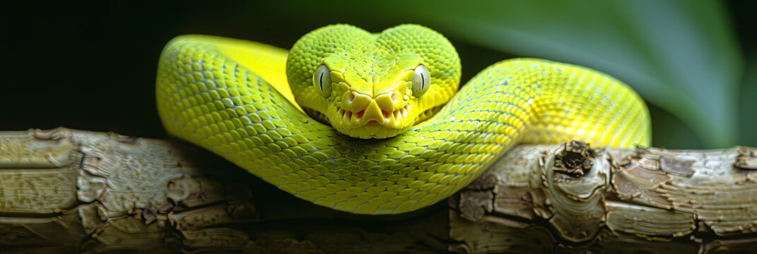 A green snake is curled up on a branch