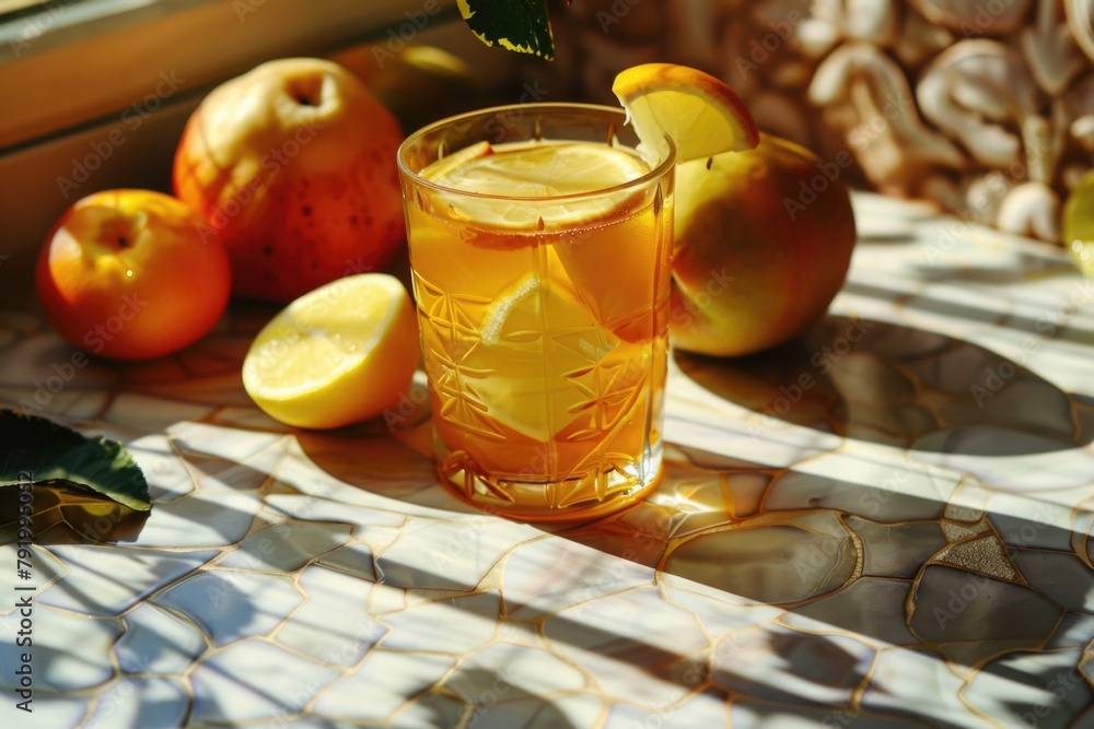 Poster refreshing lemonade on table