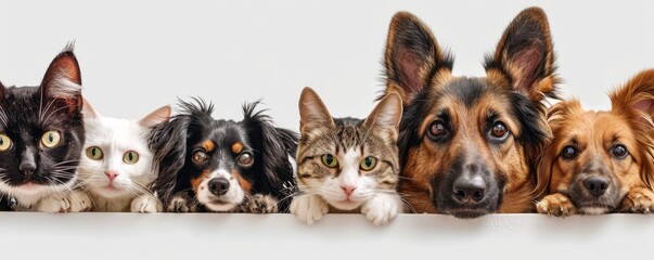 The picture of front view and close up of the multiple group of the various cat and dog in front of the bright white background that look back to the camera with the curious and interest face. AIGX03. - Powered by Adobe