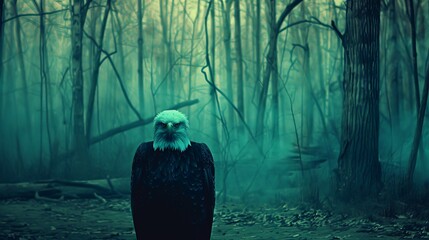   A bald eagle, situated in a forest, bears a green radiance on its face and crown - obrazy, fototapety, plakaty