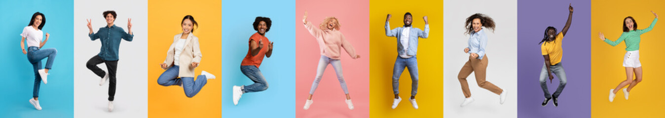 Diverse Group of People Jumping With Joy on Colorful Backgrounds