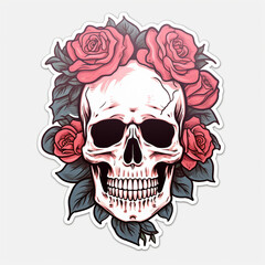 Fototapeta premium simple skull with roses sticker with white background сreated with Generative Ai