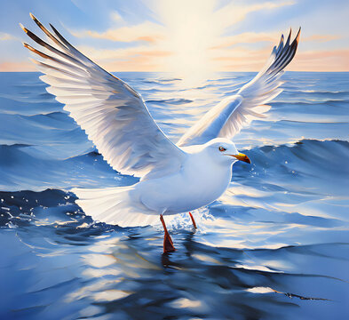 Pure white seagull on the deep blue sea.