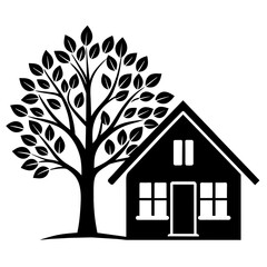 A minimalist house icon with a tree beside it, symbolizing home and nature