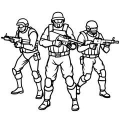Special forces tactical team of three in action, unmarked and unrecognizable swat team line art vector 