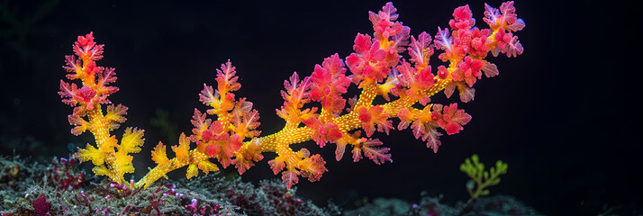 A colorful coral reef with a red and yellow branch